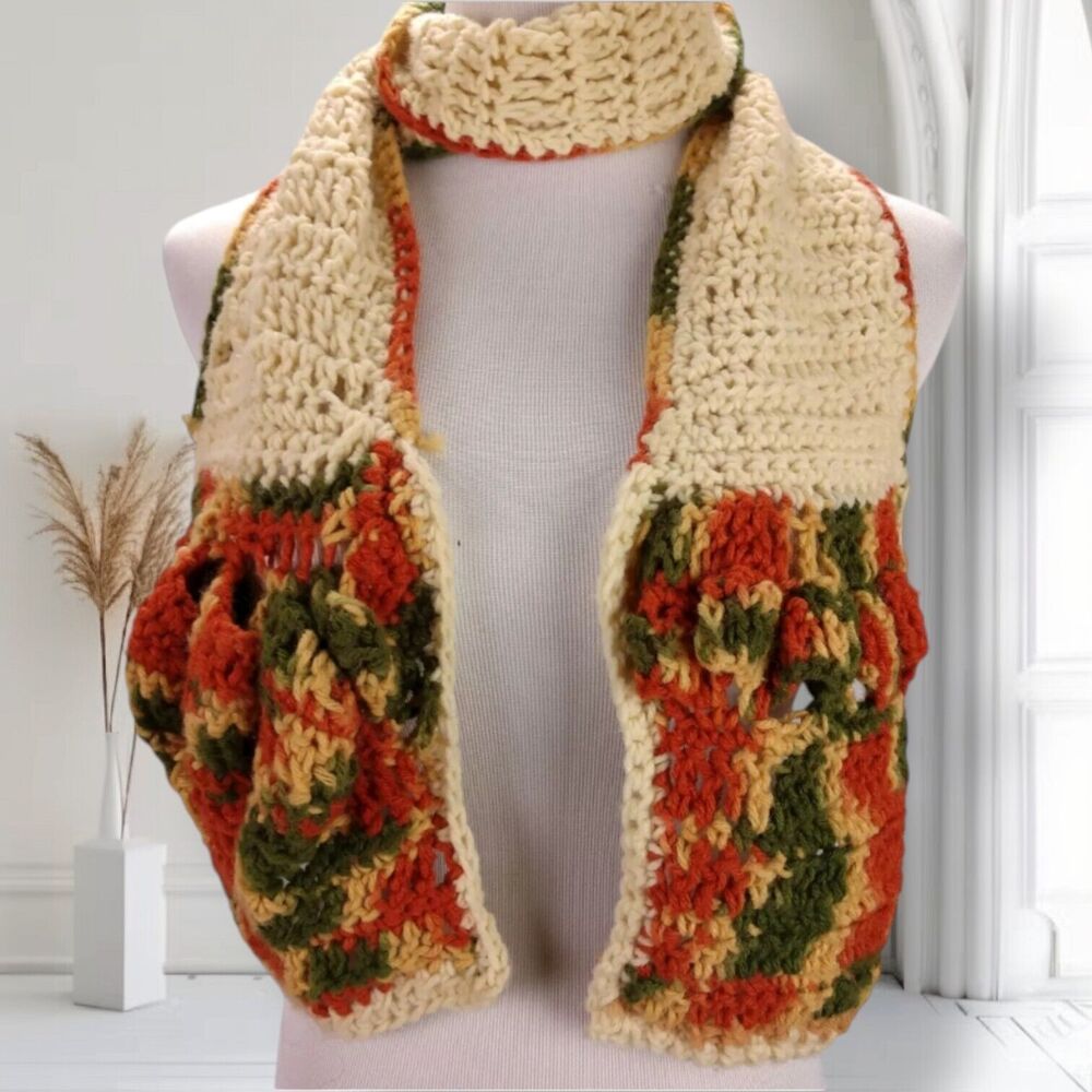 Vintage 70s Handmade Knit Long Scarf Cream Green Orange Fall Autumn